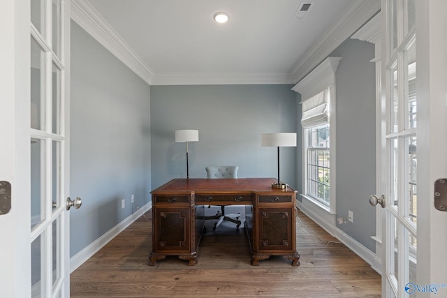 home office featuring crown molding, wood-type flooring, and french doors