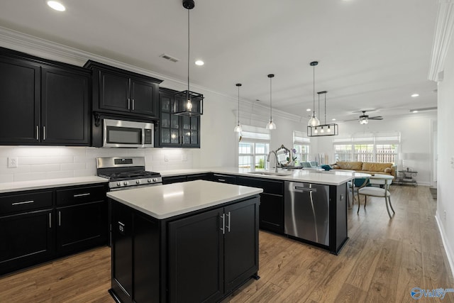 kitchen with appliances with stainless steel finishes, sink, a center island, and ceiling fan