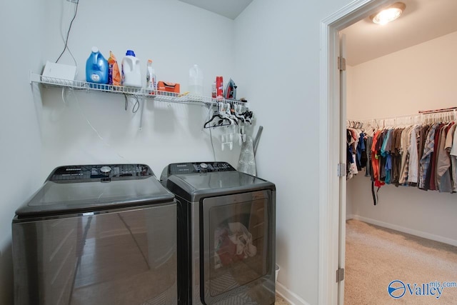 4304 Adventura Dr, Owens Cross Roads, AL 35763 - laundry area with washing machine and clothes dryer, baseboards, and carpet flooring
