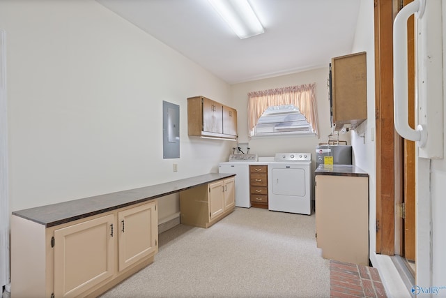 laundry room featuring water heater, washer and clothes dryer, light carpet, electric panel, and cabinet space
