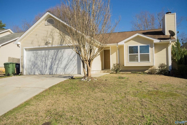 single story home with a garage, driveway, and a front lawn