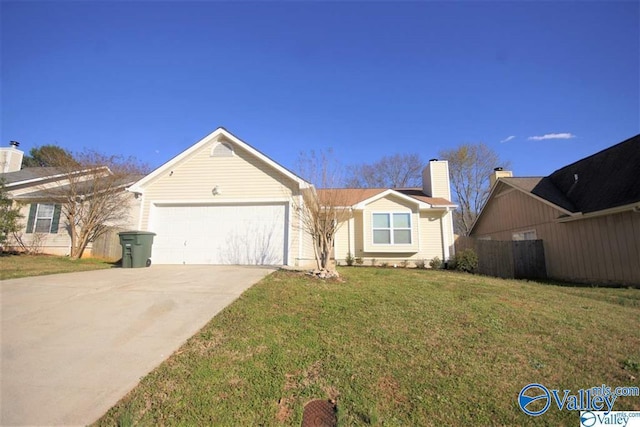 ranch-style house with a garage, a front yard, concrete driveway, and fence