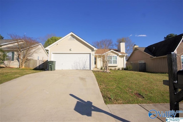 ranch-style house with an attached garage, driveway, a front yard, and fence