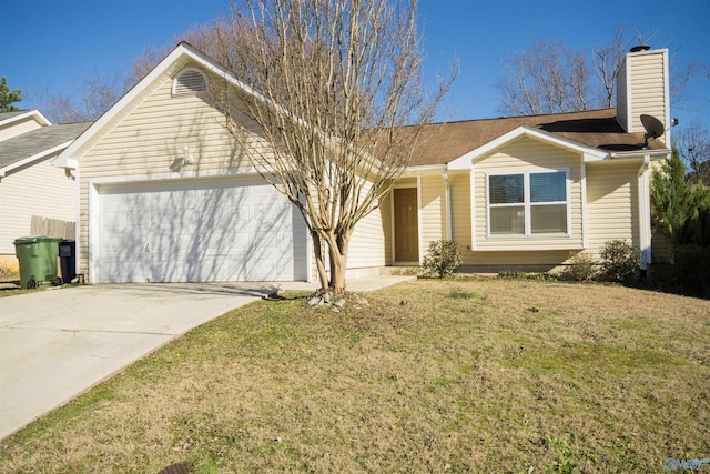 ranch-style home featuring a garage, driveway, a chimney, and a front yard