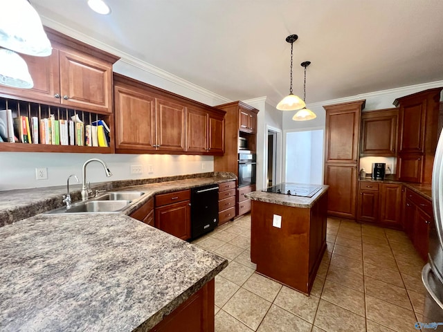 kitchen featuring a center island, sink, oven, white cooktop, and ornamental molding