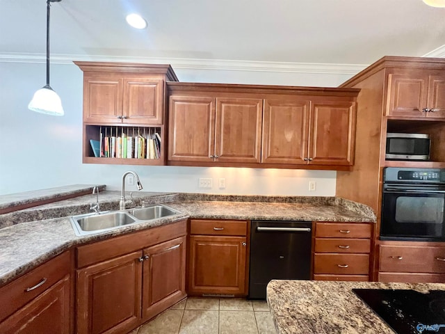 kitchen with hanging light fixtures, sink, black appliances, and crown molding