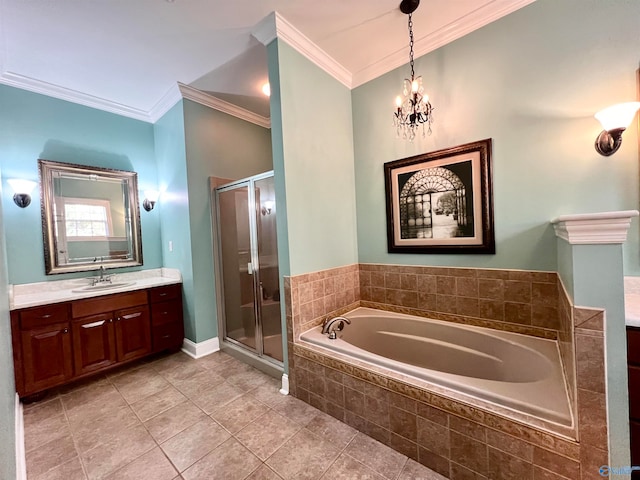 bathroom with separate shower and tub, tile patterned floors, a chandelier, vanity, and crown molding