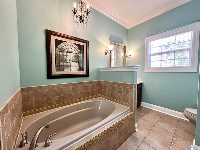 bathroom featuring toilet, tile patterned flooring, vanity, crown molding, and a relaxing tiled tub
