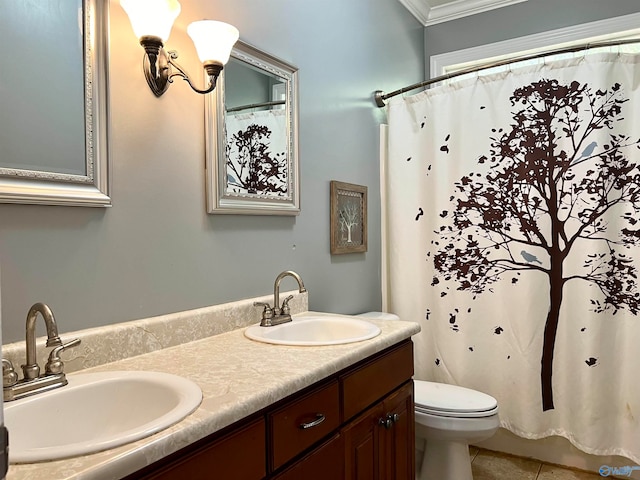 bathroom featuring walk in shower, vanity, toilet, and ornamental molding