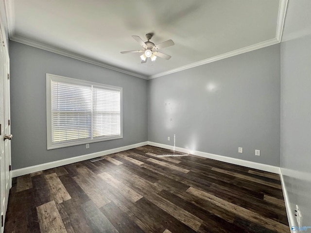 unfurnished room with dark wood-type flooring, ceiling fan, and crown molding