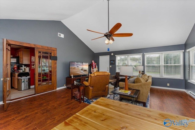 living area featuring a ceiling fan, visible vents, baseboards, high vaulted ceiling, and wood-type flooring