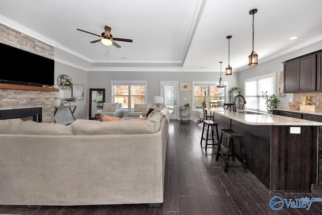 living room featuring a fireplace, dark hardwood / wood-style flooring, a wealth of natural light, and sink