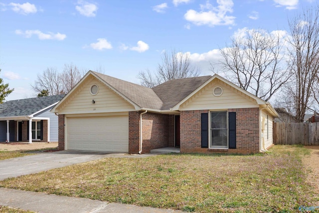 single story home with a front yard, fence, driveway, an attached garage, and brick siding