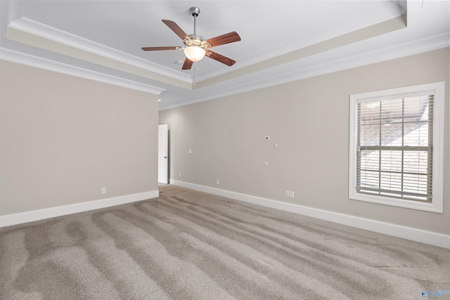 unfurnished room with ceiling fan, ornamental molding, a raised ceiling, and carpet floors