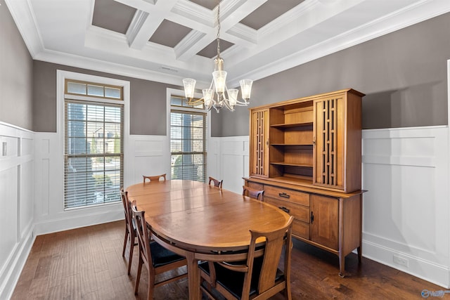 dining space featuring beamed ceiling, an inviting chandelier, crown molding, coffered ceiling, and dark wood-type flooring