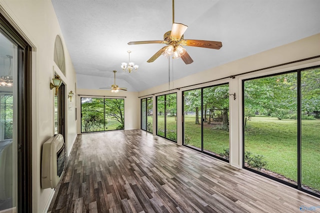 2211 Pumpkin Center Rd NE, Fort Payne, AL 35967 - unfurnished sunroom featuring heating unit, vaulted ceiling, and a chandelier