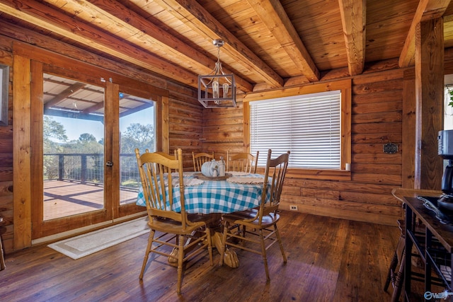 dining space with beam ceiling, wood ceiling, log walls, and dark hardwood / wood-style flooring