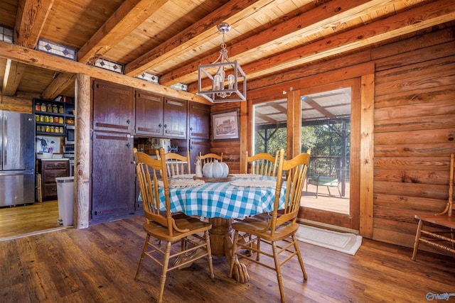 dining space with log walls, wooden ceiling, beamed ceiling, and hardwood / wood-style floors