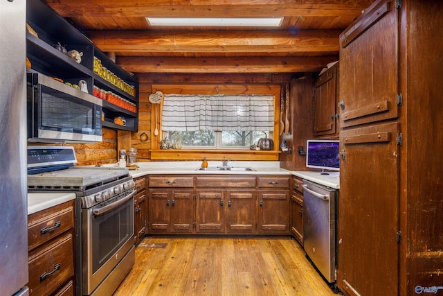 kitchen featuring wood ceiling, beam ceiling, light hardwood / wood-style flooring, sink, and stainless steel appliances