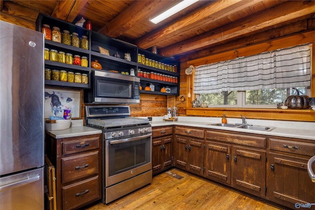 kitchen with sink, wood ceiling, stainless steel appliances, beamed ceiling, and light hardwood / wood-style flooring