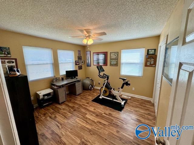 workout area with ceiling fan, a textured ceiling, and hardwood / wood-style floors