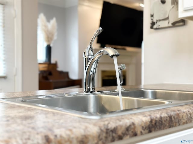 interior details with a sink and white cabinets