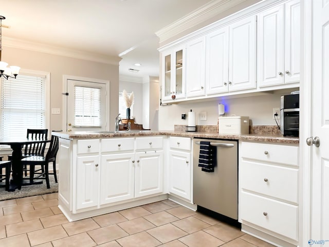 kitchen featuring glass insert cabinets, crown molding, a peninsula, white cabinetry, and stainless steel dishwasher
