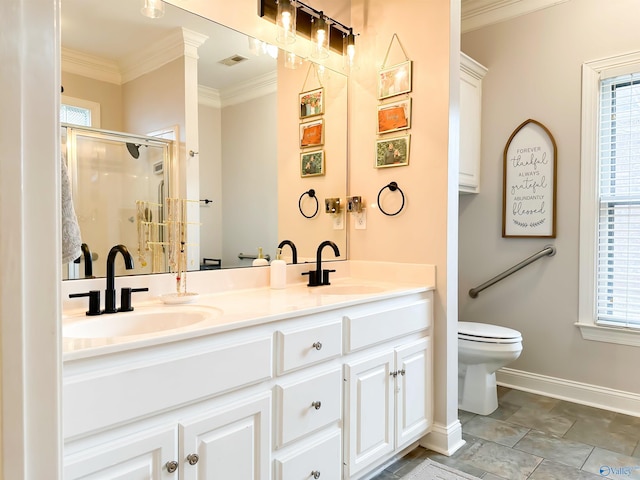 full bath featuring a sink, visible vents, a stall shower, and ornamental molding