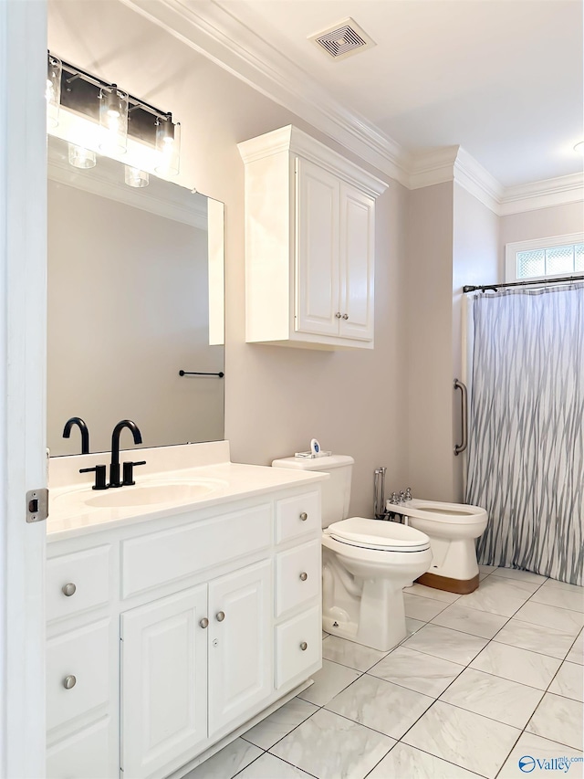 bathroom with visible vents, curtained shower, toilet, ornamental molding, and vanity