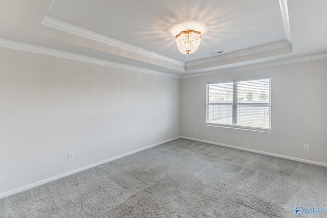 spare room featuring a tray ceiling, carpet, and ornamental molding