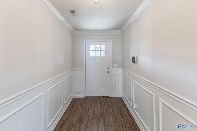 entryway featuring dark hardwood / wood-style floors and crown molding