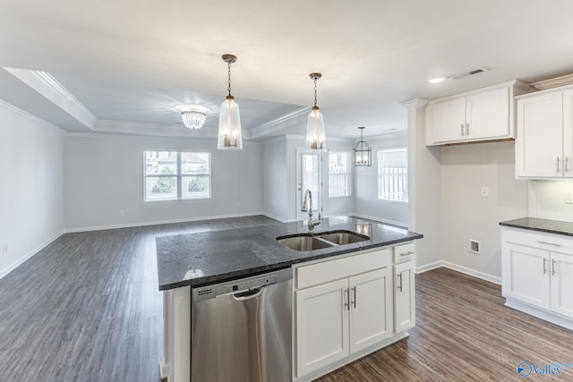 kitchen featuring white cabinetry, stainless steel dishwasher, dark hardwood / wood-style floors, and sink