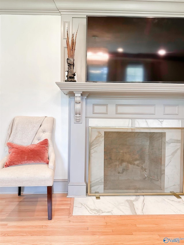 interior details with a premium fireplace, wood finished floors, and baseboards