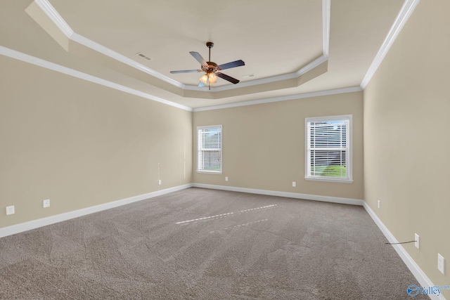 empty room featuring crown molding, a wealth of natural light, a tray ceiling, and carpet