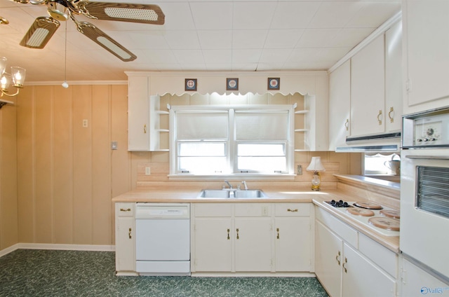 kitchen with open shelves, white appliances, a sink, and under cabinet range hood