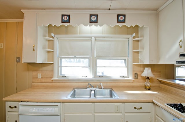 kitchen with white cabinets, dishwasher, light countertops, open shelves, and a sink