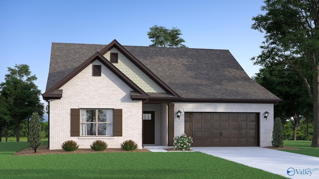 view of front facade with an attached garage, a front lawn, concrete driveway, and brick siding