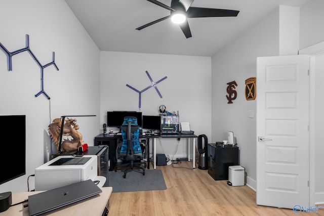 office space featuring ceiling fan and light wood-type flooring