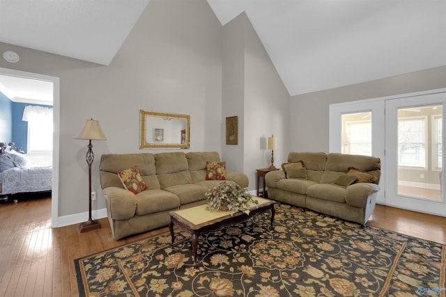 living room with high vaulted ceiling and hardwood / wood-style floors