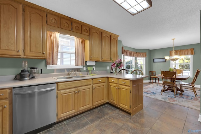 kitchen with decorative light fixtures, stainless steel dishwasher, kitchen peninsula, sink, and an inviting chandelier