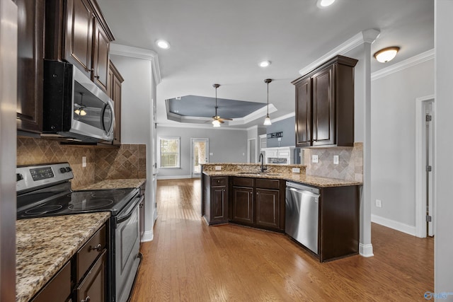 kitchen featuring dark brown cabinetry, a raised ceiling, ornamental molding, stainless steel appliances, and a sink