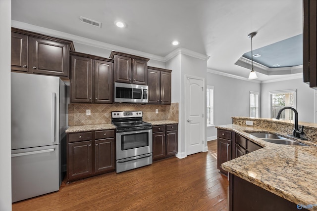 kitchen featuring dark brown cabinetry, dark wood-style flooring, a sink, appliances with stainless steel finishes, and a tray ceiling