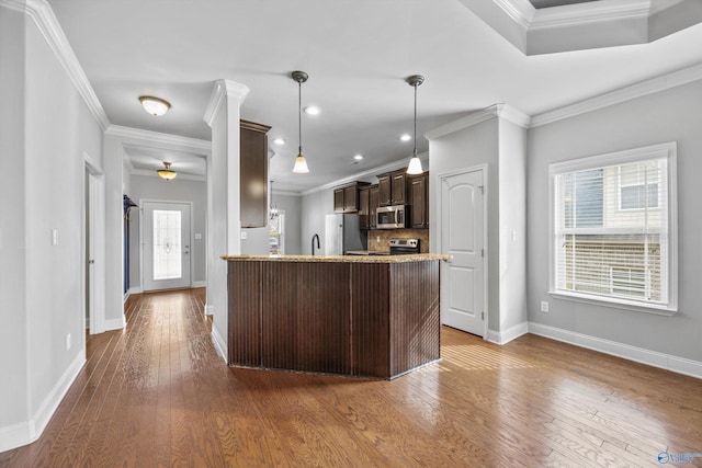 kitchen with appliances with stainless steel finishes, wood-type flooring, crown molding, and dark brown cabinetry