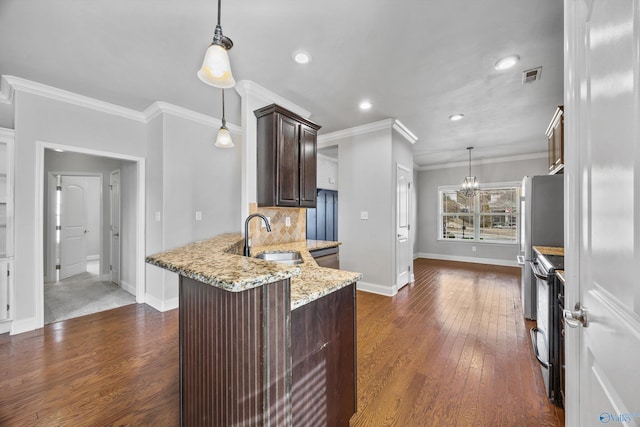 kitchen with electric range, visible vents, dark wood-style floors, dark brown cabinets, and a sink