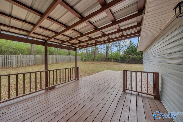 wooden terrace with a fenced backyard and a lawn
