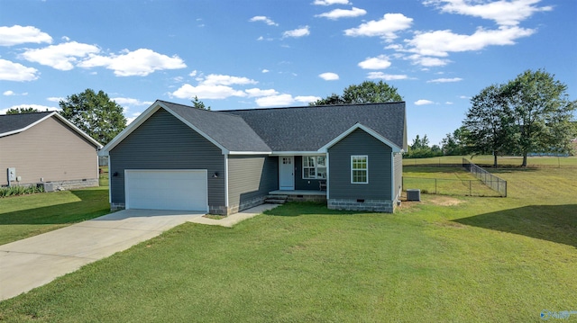 view of front of property with cooling unit, a front yard, and a garage