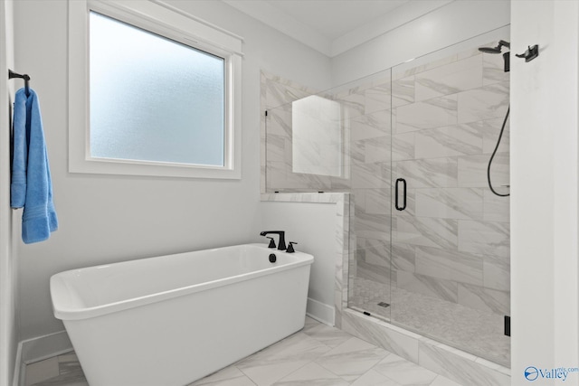 bathroom with shower with separate bathtub and crown molding