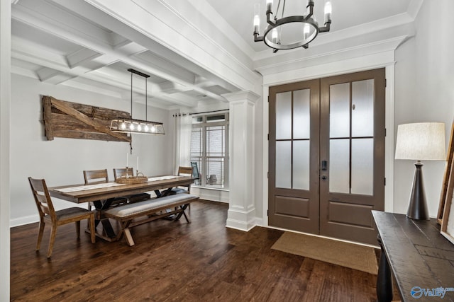 foyer featuring french doors, coffered ceiling, beam ceiling, an inviting chandelier, and dark hardwood / wood-style floors