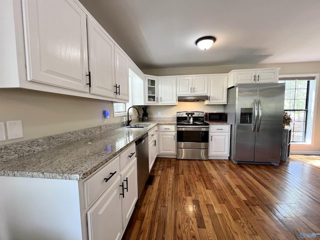 kitchen featuring a sink, appliances with stainless steel finishes, plenty of natural light, and under cabinet range hood