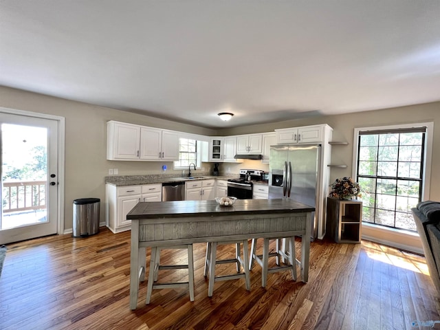 kitchen featuring a sink, a wealth of natural light, dark wood-style flooring, and stainless steel appliances